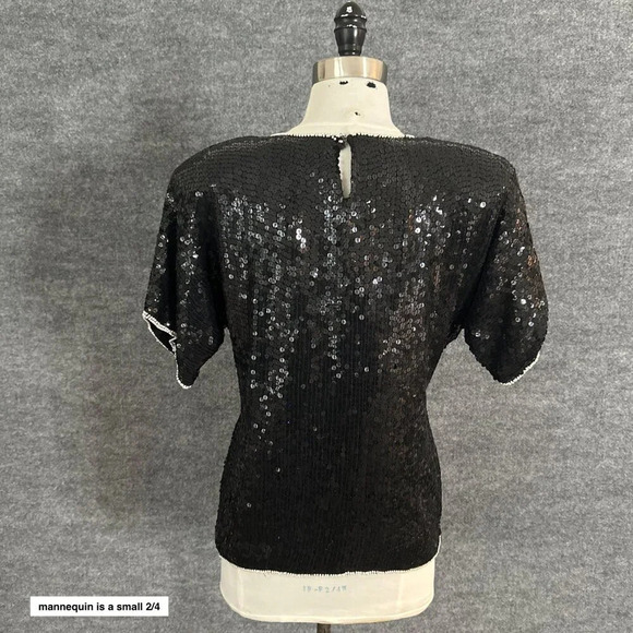 Vintage Sarin Sequin Top Womens S / M Beaded Black Silver Floral Silk 80s Blouse - Picture 2 of 15